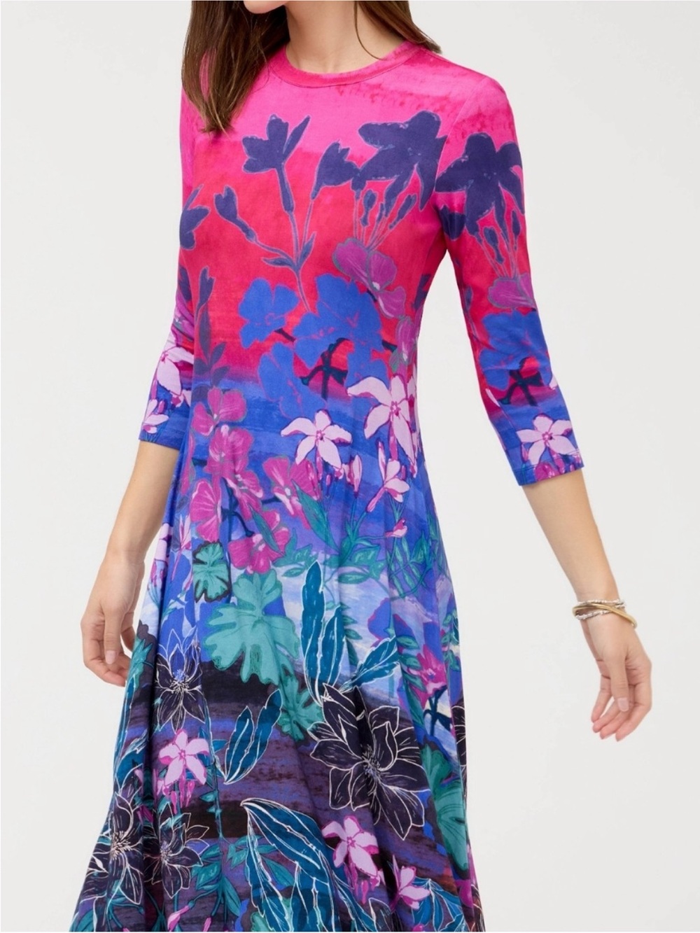 NWT Johnny Was Pink Blue Floral Janie Lavandula 3/4 sleeve Midi Dress size Large